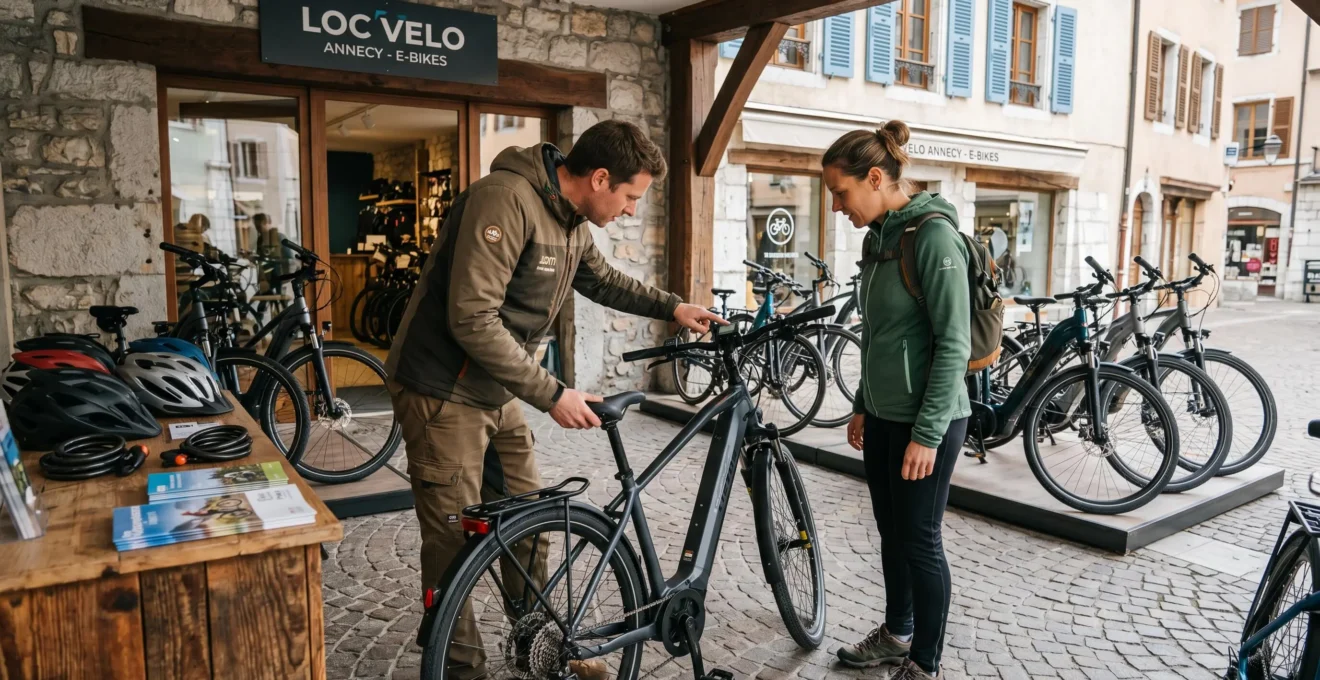 Rental shop staff member adjusting an electric bike for a customer outside a bike hire shop in Annecy with equipment and additional bikes visible