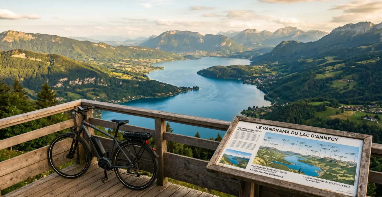 Panoramic view of Lake Annecy from Semnoz mountain viewpoint with wooden platform and parked electric bike in foreground