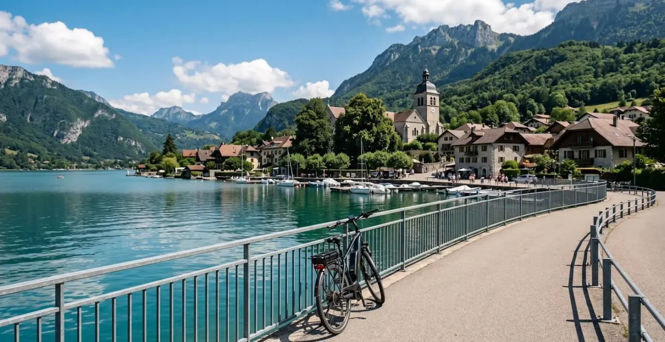Talloires village waterfront viewed from the Lake Annecy cycle path with historic abbey and mountain backdrop