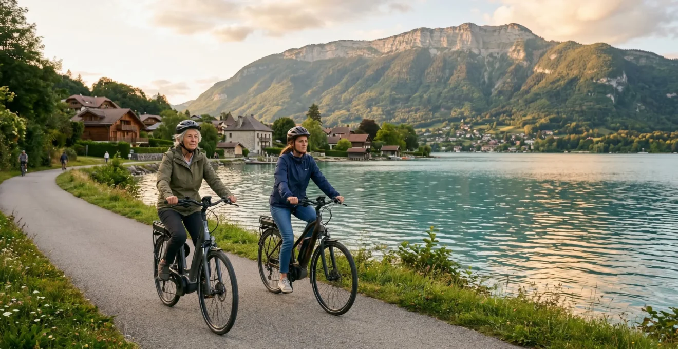 Two cyclists riding electric bikes on a lakeside cycle path beside Lake Annecy with mountain backdrop in golden afternoon light
