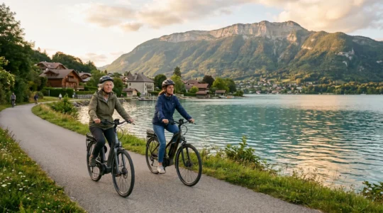 Two cyclists riding electric bikes on a lakeside cycle path beside Lake Annecy with mountain backdrop in golden afternoon light